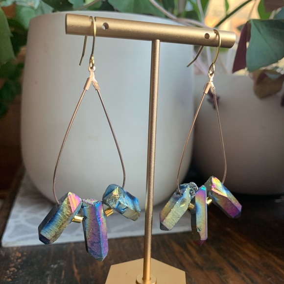 ✨NWT Rainbow Quartz & Pyrite Bohemian Earrings✨Hand Crafted ✨ Healing,m - Picture 4 of 9
